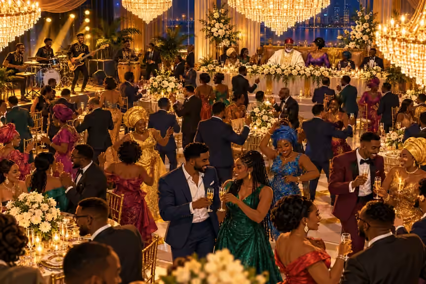 Champagne and music fill Chief Akinsanya’s birthday hall, rendered as a rich 2D cartoon illustration.