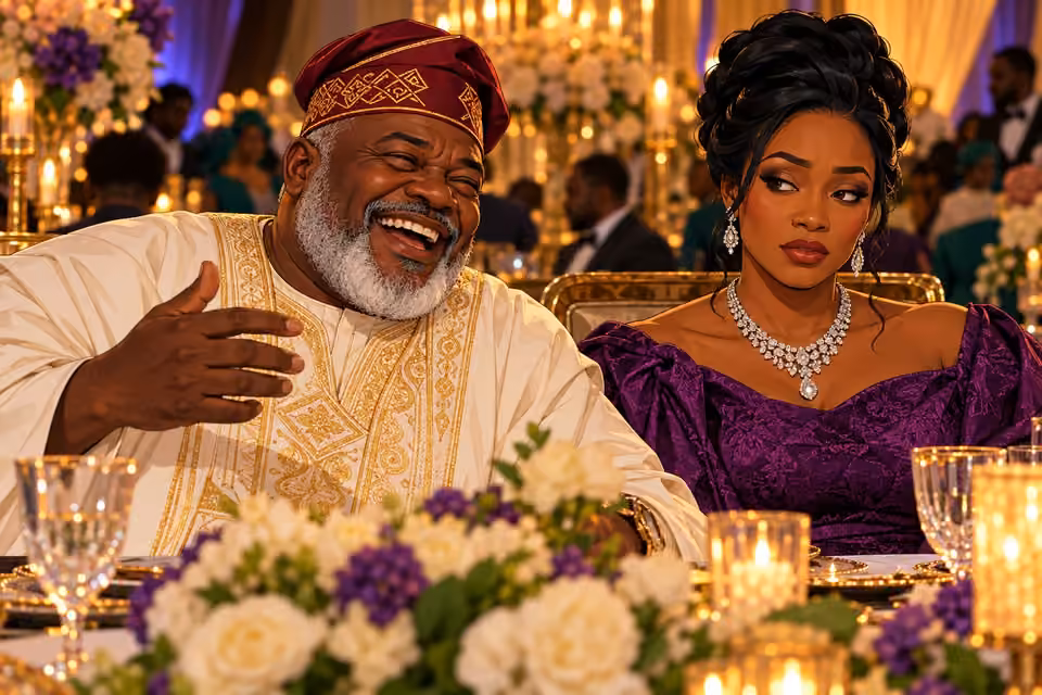 Chief laughs while Mama hides her discontent, rendered as a rich 2D cartoon illustration.