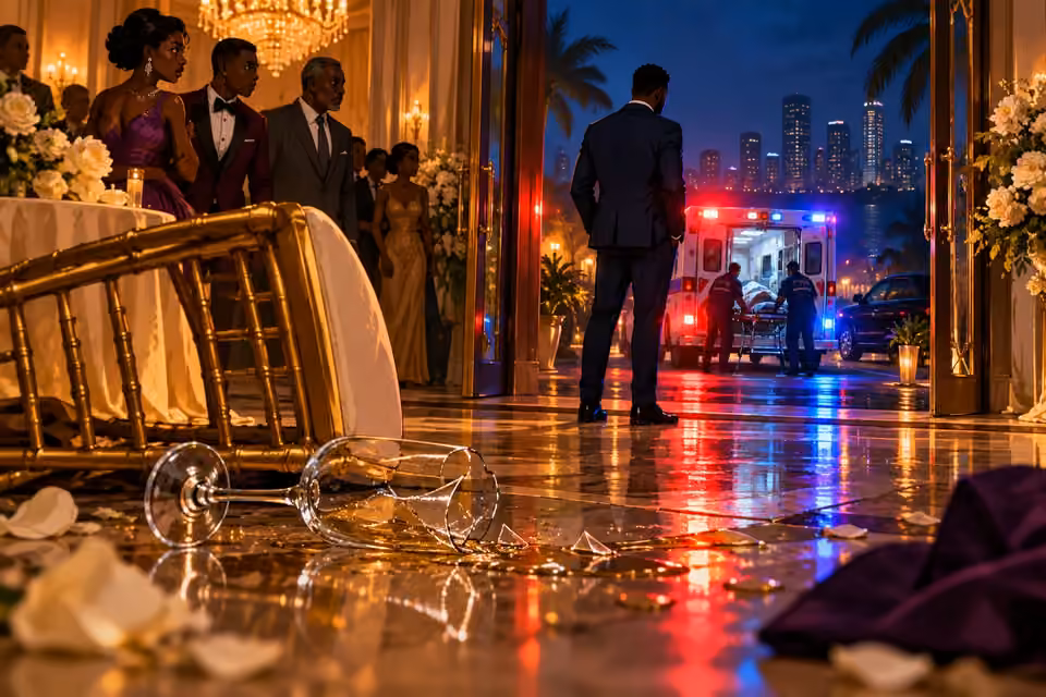 The gala ends in unanswered questions in a richly colored 2D cartoon scene.