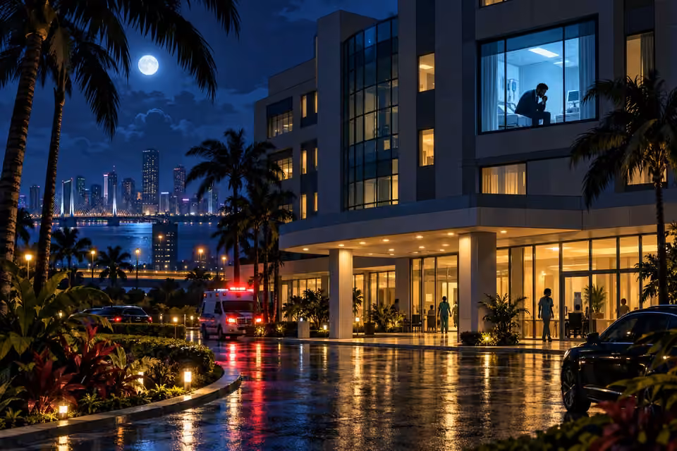 Night settles over the hospital in a richly colored 2D cartoon scene.