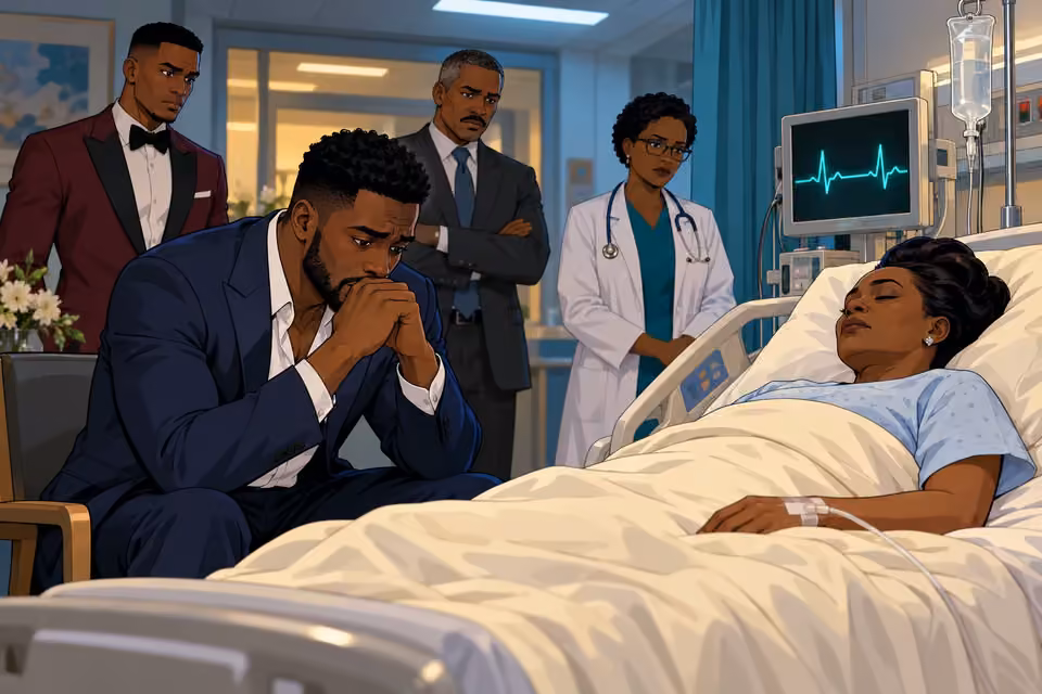 Wale keeps a silent hospital vigil in a richly colored 2D cartoon scene.