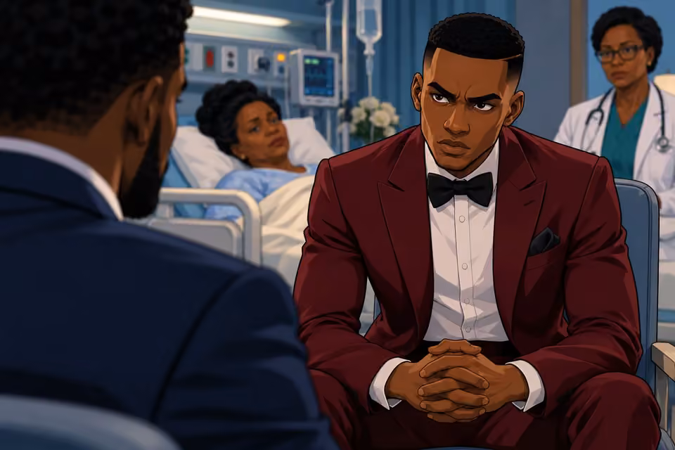 Demola’s composure hides an accusation in a richly colored 2D cartoon scene.