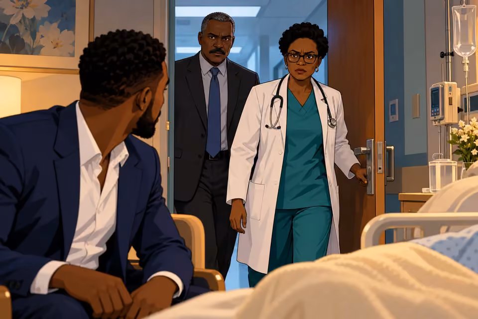 The doctor returns with Detective Hassan in a richly colored 2D cartoon scene.