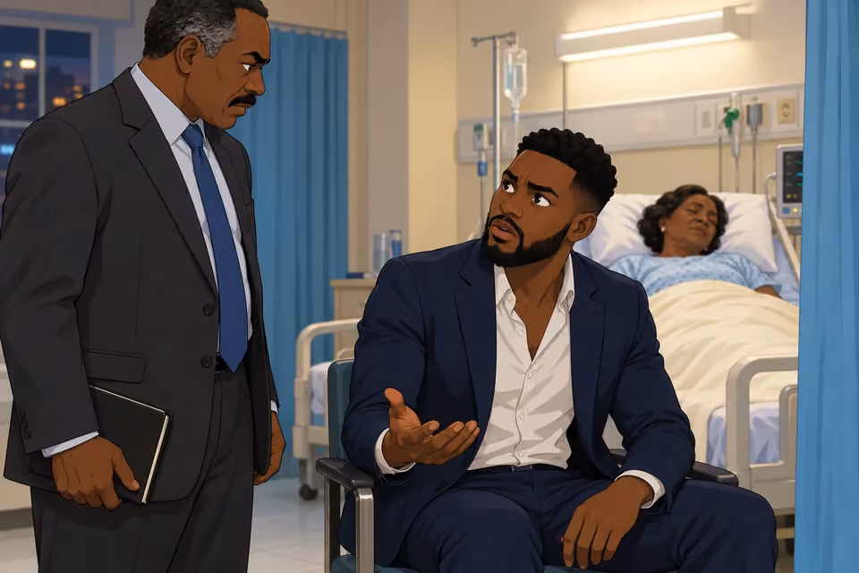 Cartoon illustration: Wale looks up at the detective in disbelief beside his mother’s hospital bed.