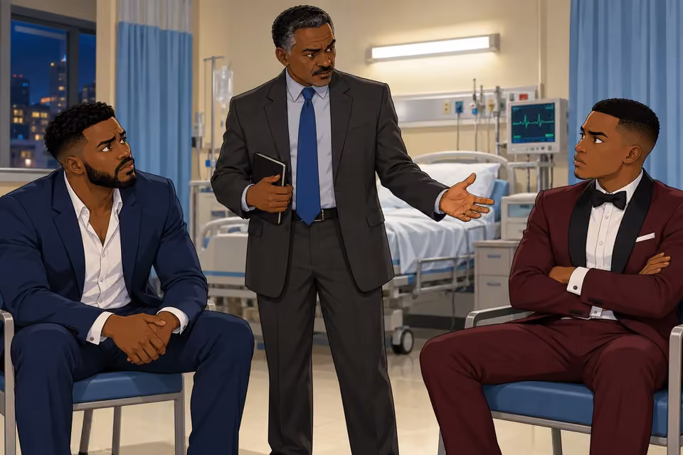 Cartoon illustration: The detective addresses Wale and Demola across the hospital room.