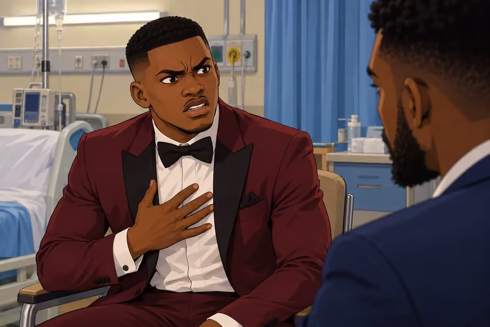 Cartoon illustration: Demola angrily protests from his chair in the hospital room.
