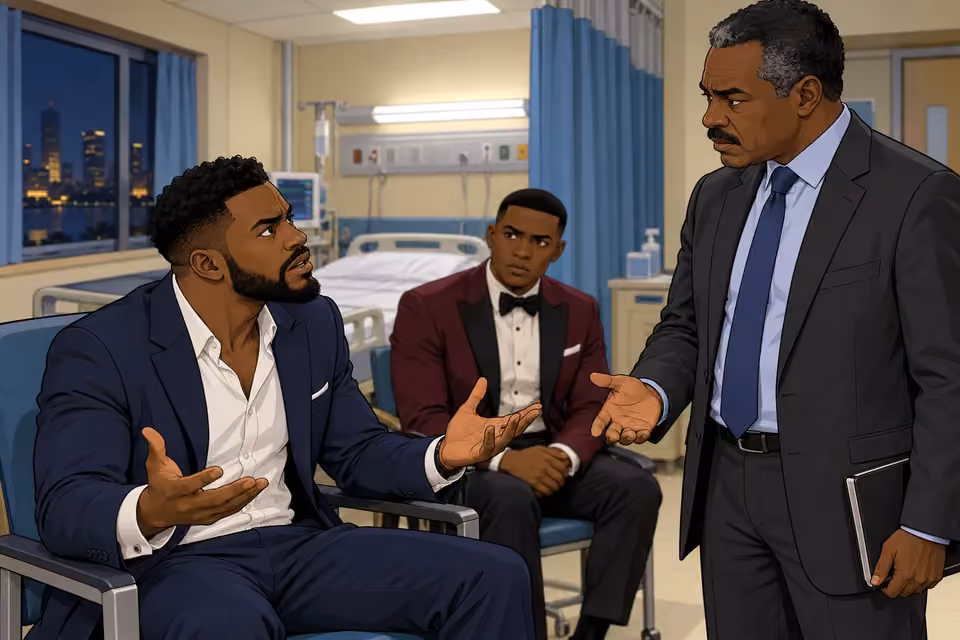 Cartoon illustration: Wale opens his hands in an indignant denial as the detective questions him.