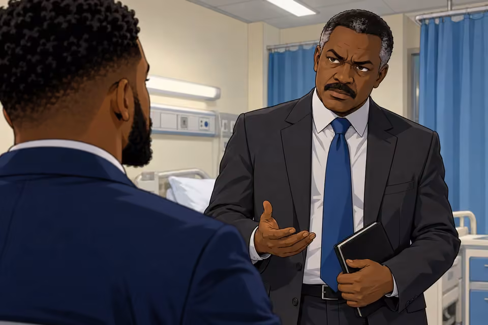Cartoon illustration: The detective studies Wale skeptically during questioning.