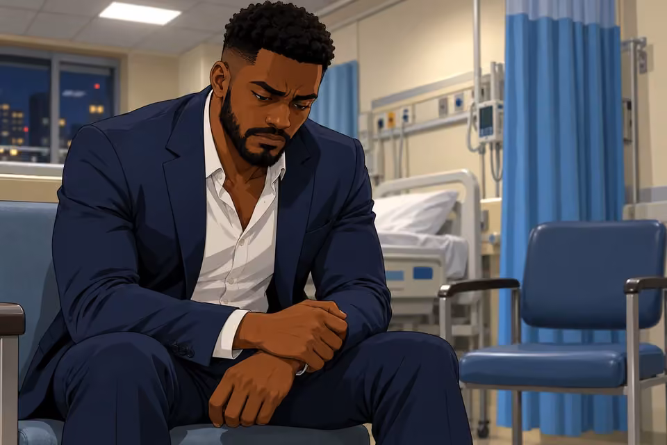 Cartoon illustration: Wale clenches his jaw as the questioning touches his estrangement from his father.