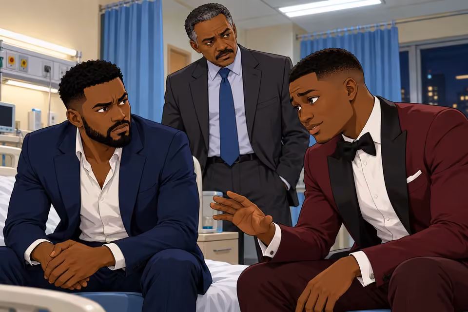Cartoon illustration: Demola addresses the detective with feigned sympathy while Wale watches warily.
