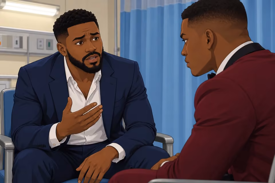Cartoon illustration: Wale anxiously defends Folake while Demola listens.