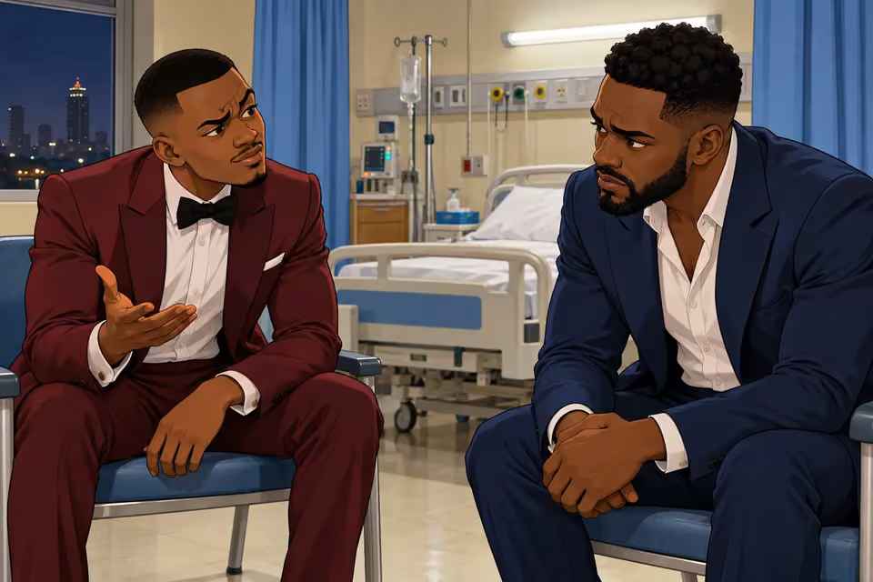 Cartoon illustration: Demola casts doubt on Folake while Wale listens tensely.