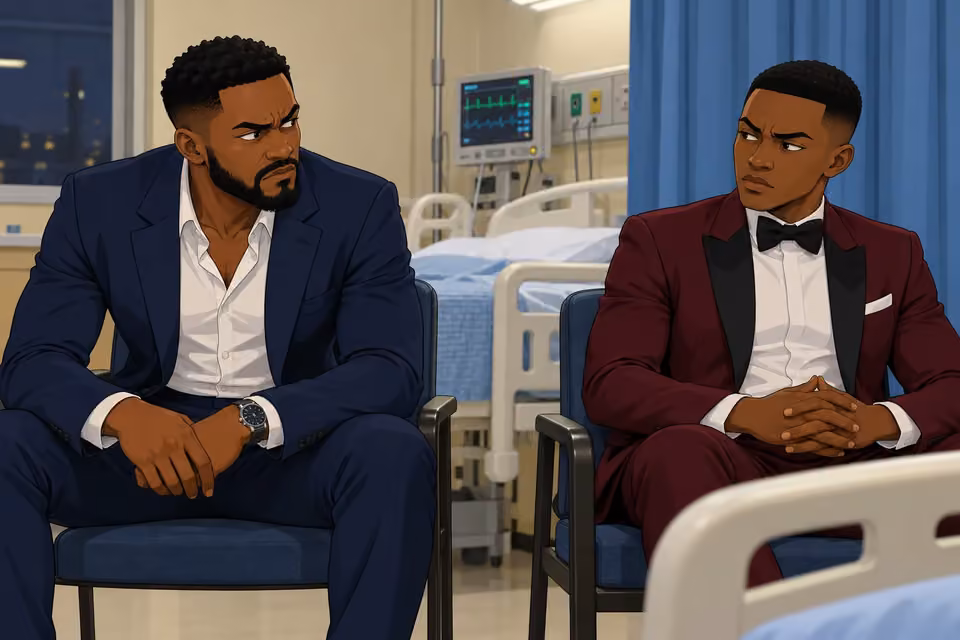 Cartoon illustration: Wale and Demola exchange distrustful looks in the hospital room.