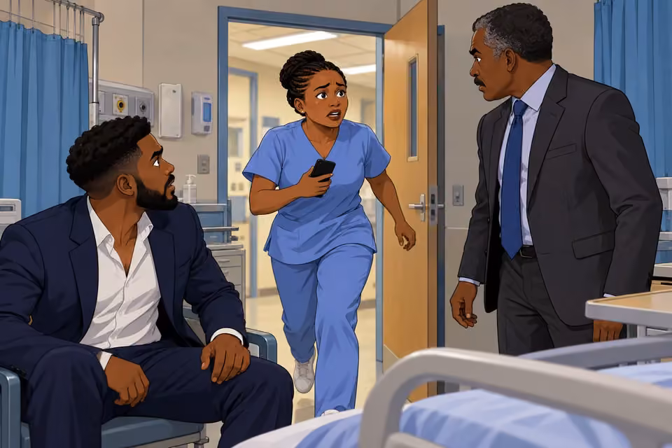 Cartoon illustration: A worried nurse enters with a phone as the detective and Wale turn toward her.