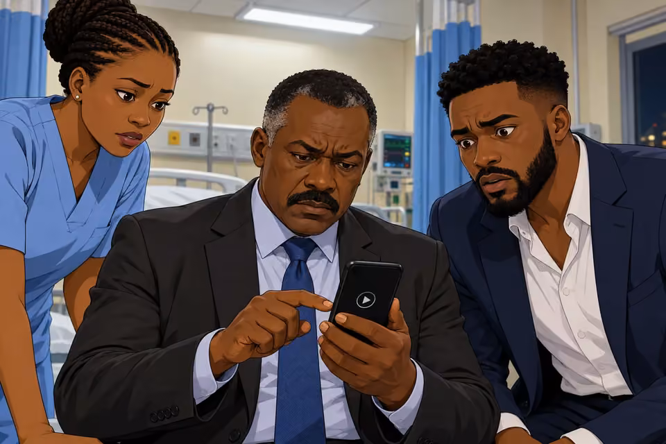 Cartoon illustration: The detective starts playback on the hidden phone while Wale listens anxiously.