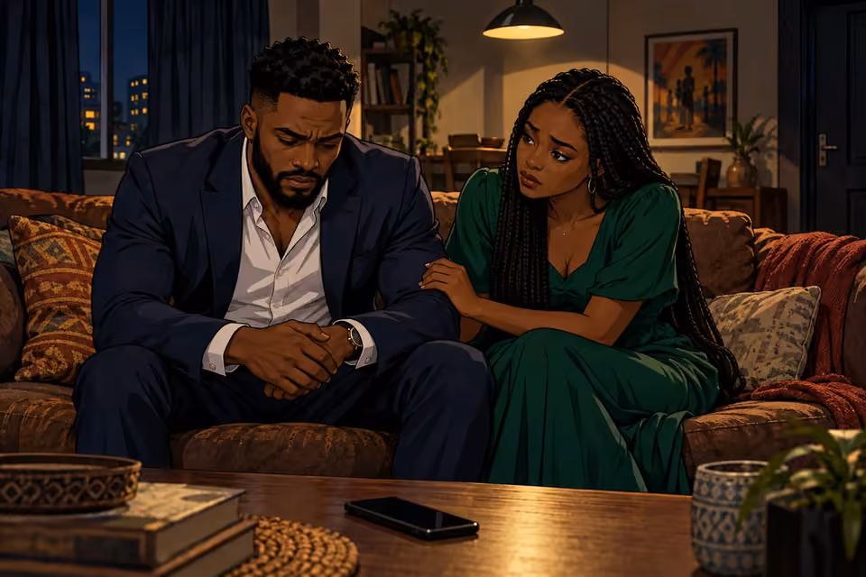 Cartoon illustration of a troubled Wale and a saddened Folake sitting together beneath the overhead light in his Lagos apartment.