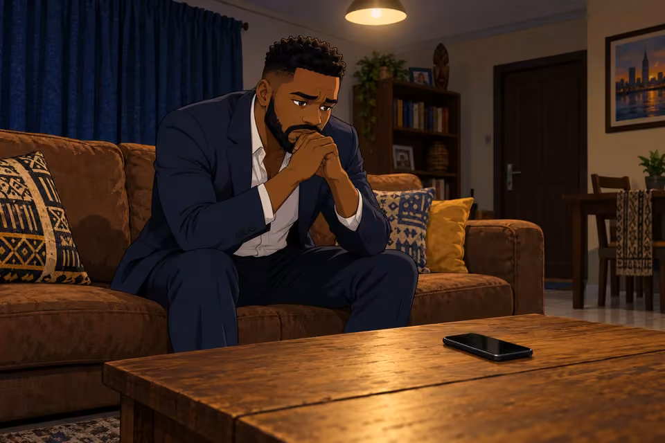 Cartoon illustration: Wale sits awake in his apartment beside a silent phone.