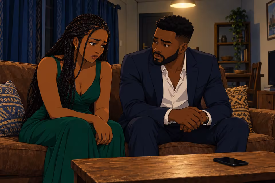 Cartoon illustration: Folake joins Wale on the sofa, sharing his sadness.