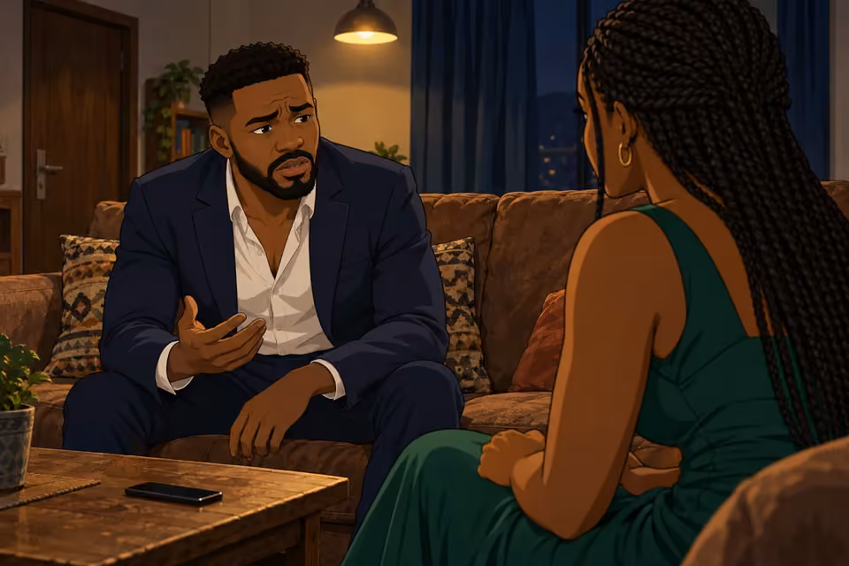Cartoon illustration: Wale hesitantly asks Folake about Demola’s claim.