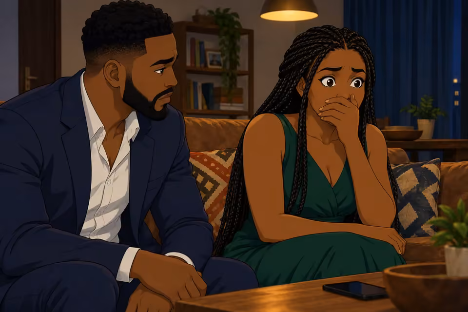 Cartoon illustration: Folake covers her mouth as Wale watches her fearful reaction.