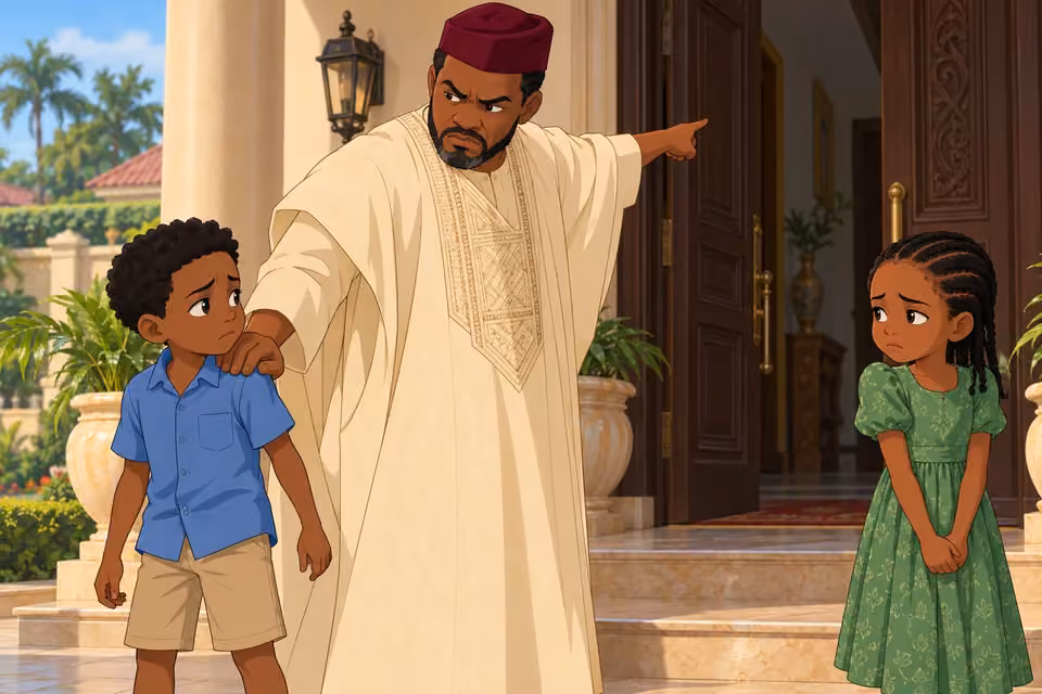 Cartoon illustration: Chief Akinsanya angrily separates young Wale and Folake at the mansion.
