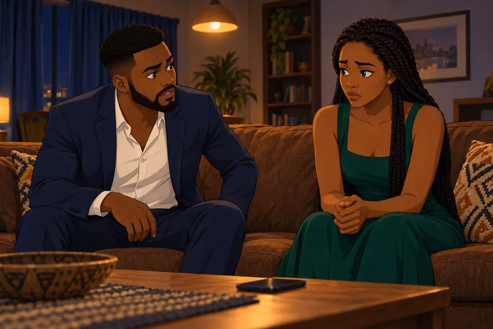 Cartoon illustration: Wale looks at Folake, troubled by the possible link between the past and the poisoning.