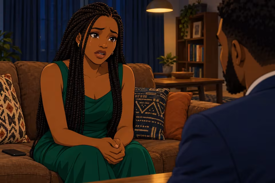 Cartoon illustration: Tearful Folake begins telling Wale about a secret Mama Akinsanya kept.
