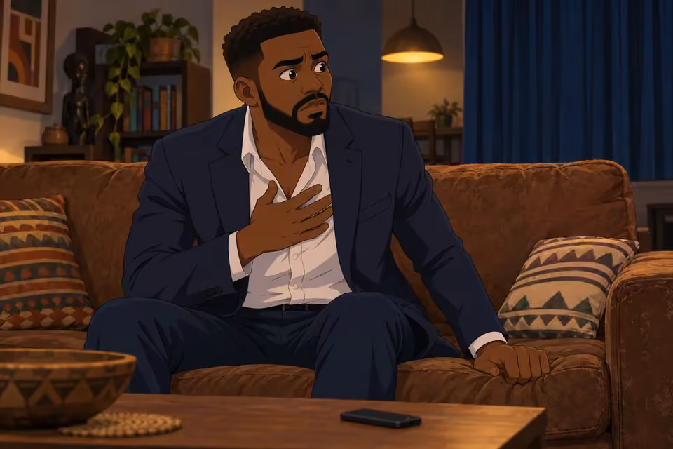 Cartoon illustration: Wale sits tense and anxious as Folake reveals more of her past.