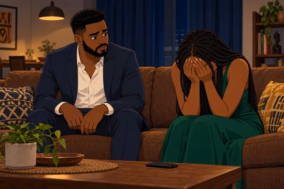 Cartoon illustration: Folake hides her face in her hands and sobs as Wale watches with concern.