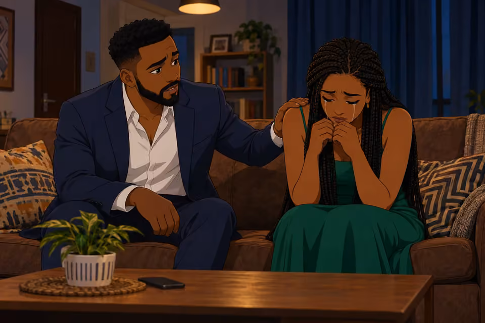 Cartoon illustration: Wale puts a reassuring hand on Folake’s shoulder as he asks about Mama Akinsanya.