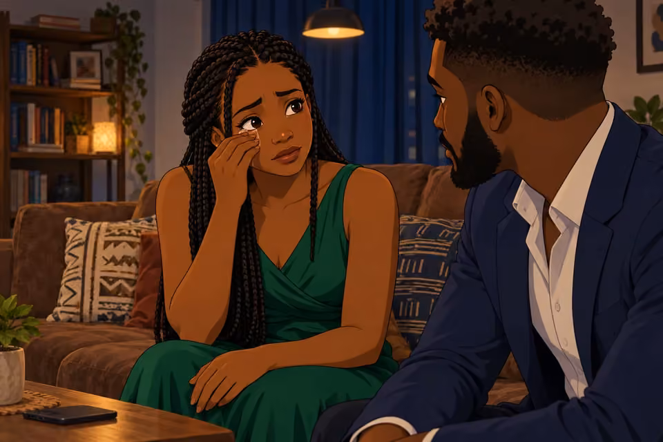 Cartoon illustration: Folake wipes away tears and tells Wale that Mama Akinsanya’s help carried a secret.