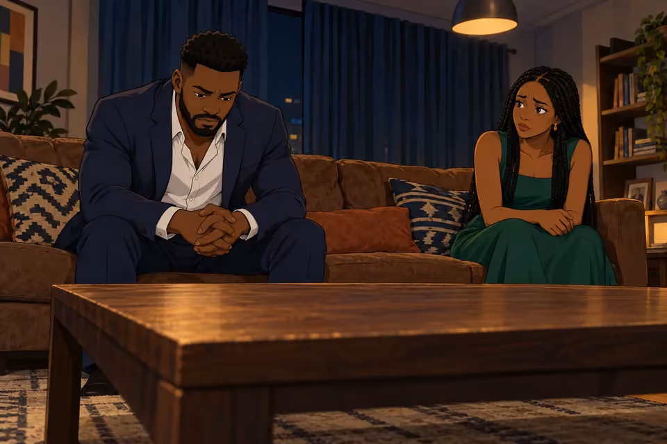 Cartoon illustration: Wale sits in troubled silence as Folake’s revelation changes his understanding of his mother.