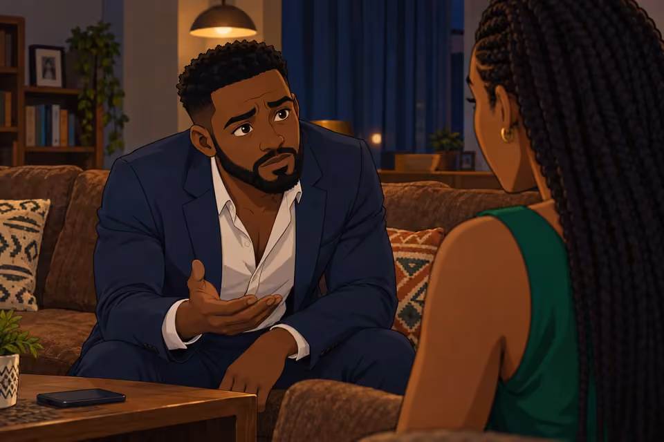 Cartoon illustration: Wale leans toward Folake and softly urges her to explain the secret.