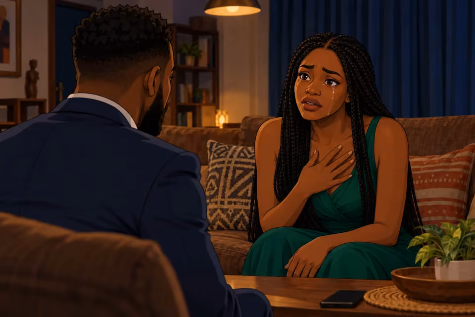 Cartoon illustration: Folake tearfully tells Wale that Chief Akinsanya is her father.