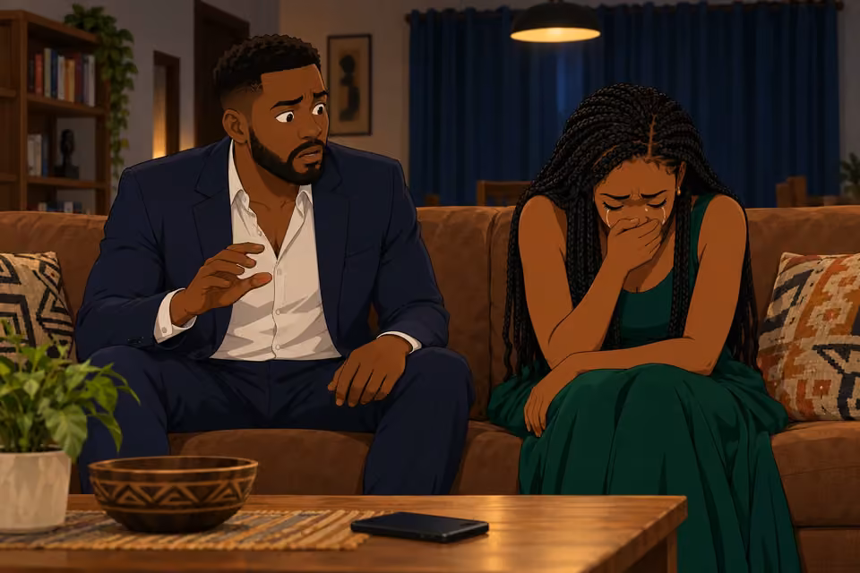 Cartoon illustration: Wale stares in shock while a sob escapes Folake after she reveals they are half-siblings.