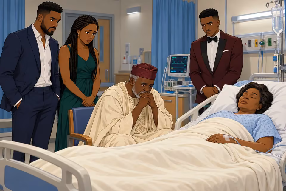 Cartoon illustration: Wale and the family gather in silence around unconscious Mama Akinsanya.