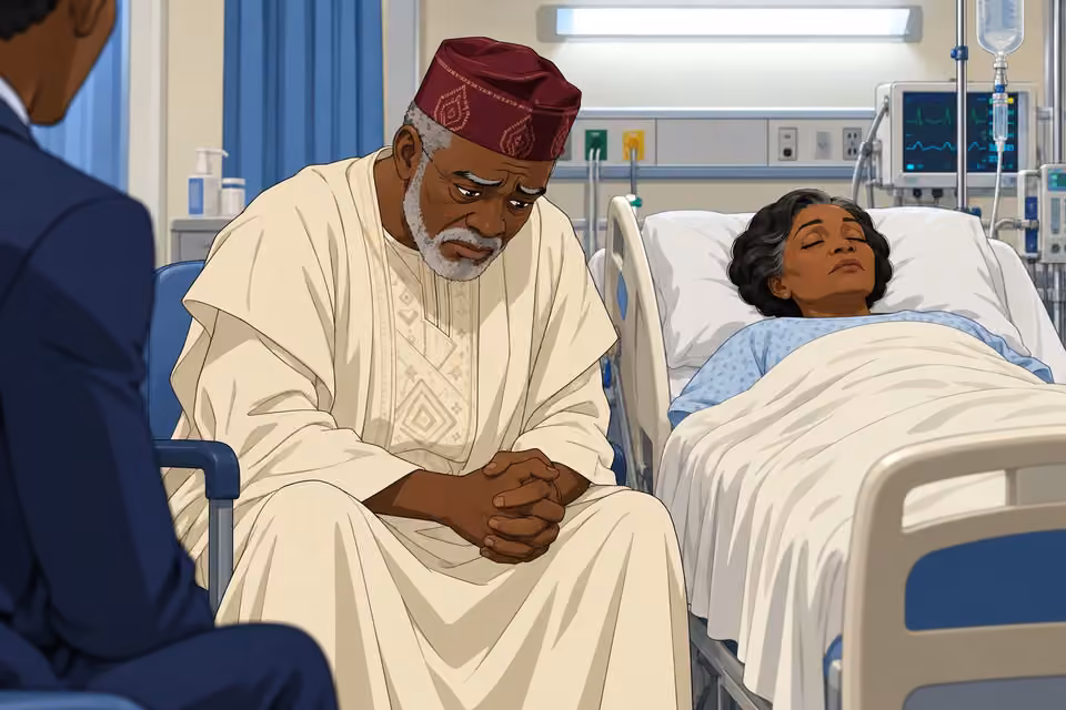 Cartoon illustration: A worried Chief Akinsanya sits hunched beside his unconscious wife in the hospital.