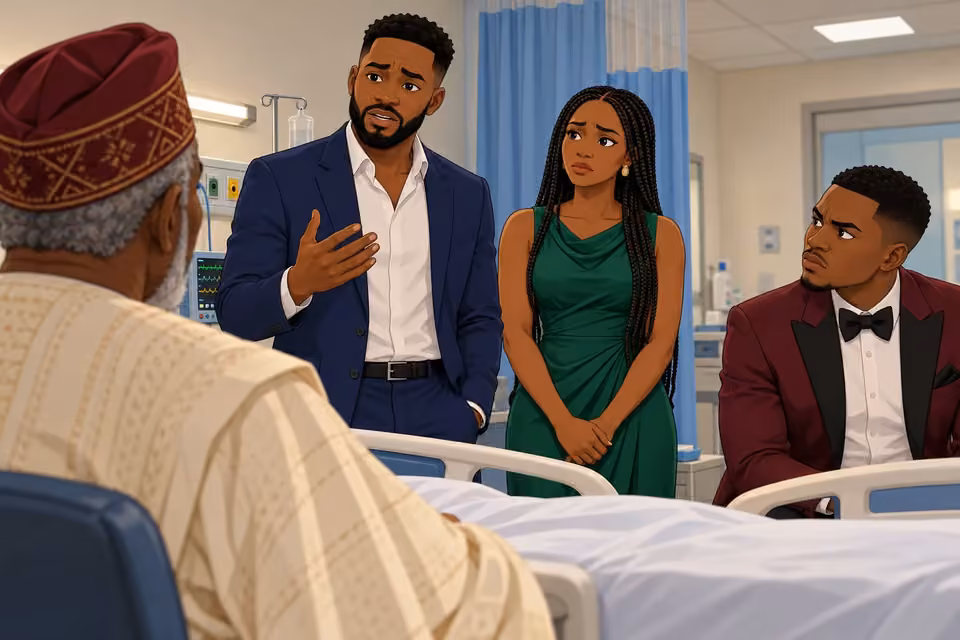 Cartoon illustration: Wale begins an emotional announcement as the family turns toward him.