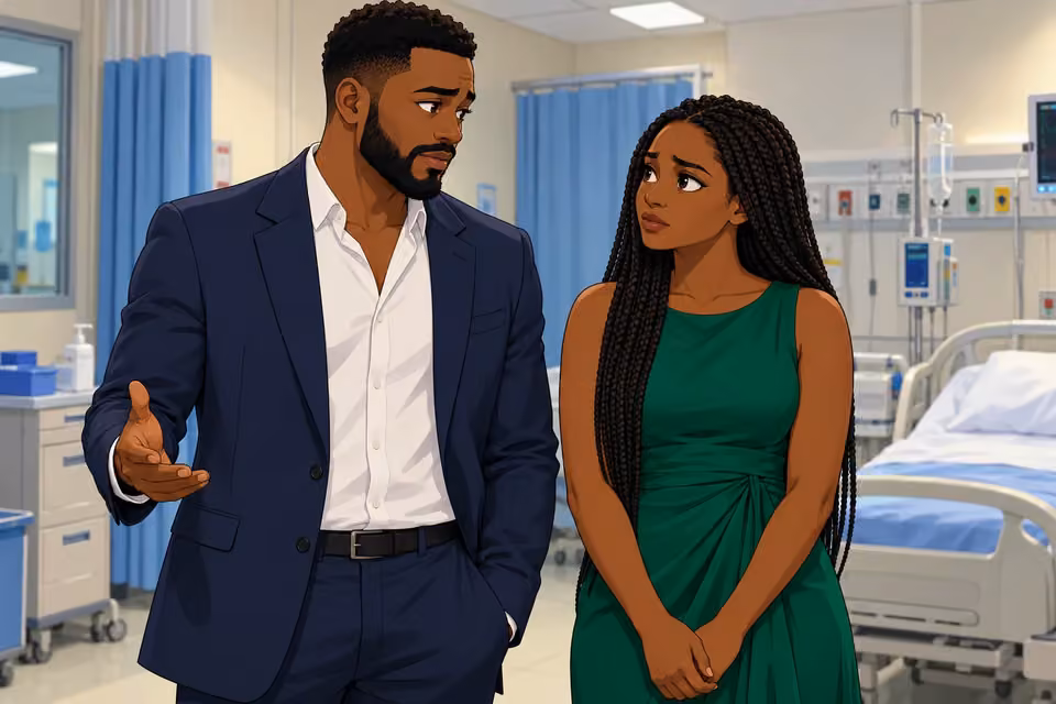 Cartoon illustration: Wale and Folake exchange a steady look before he addresses the family about her.