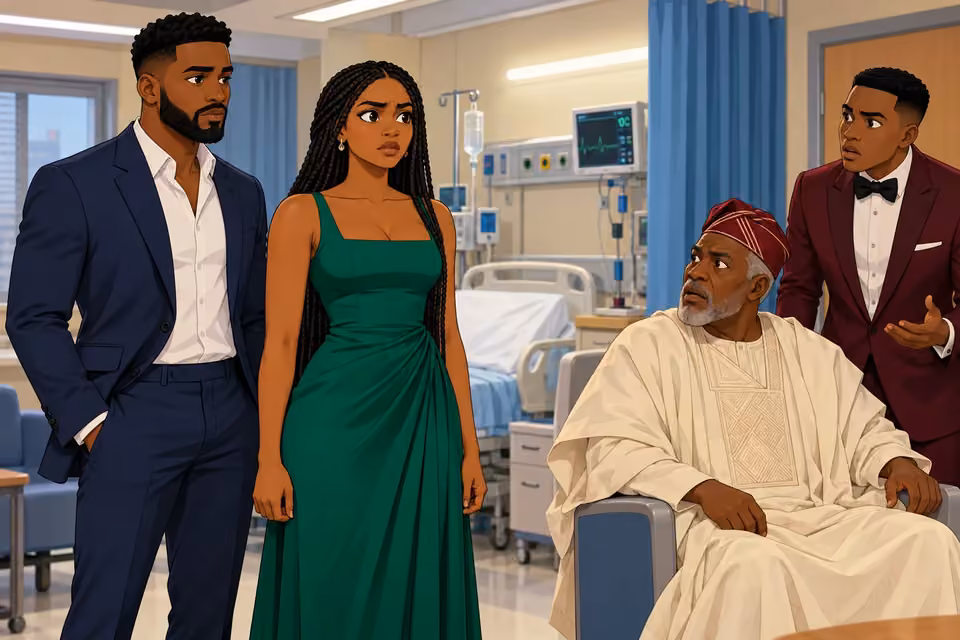 Cartoon illustration: Folake stands bravely beside Wale as relatives react with startled suspicion.