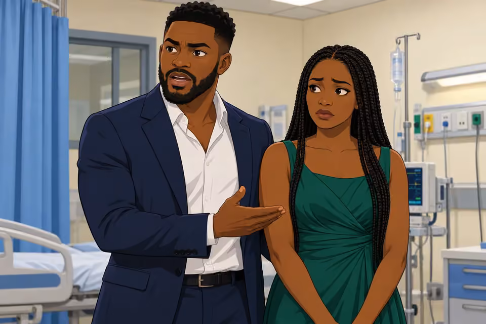 Cartoon illustration: Wale steadily tells the assembled family that Folake is his sister.