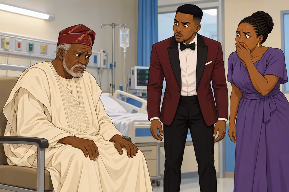 Cartoon illustration: Stunned relatives stare accusingly at Chief Akinsanya, frozen in his chair.