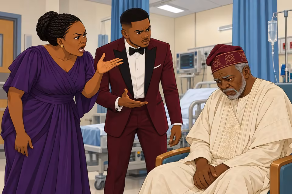 Cartoon illustration: An angry relative confronts Chief Akinsanya while Demola joins the accusations.