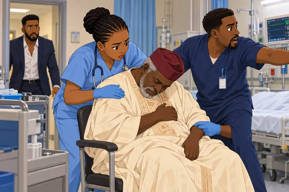 Cartoon illustration: Nurses rush to assist Chief Akinsanya after he slumps unconscious in his chair.