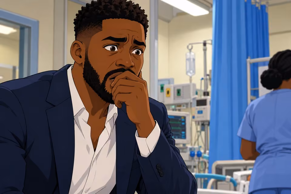 Cartoon illustration: Wale looks horrified as medical staff attend to his father’s heart attack.