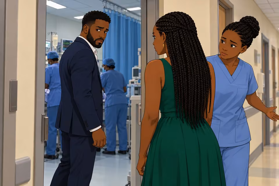 Cartoon illustration: Wale pauses at the hospital doorway and exchanges a solemn look with Folake as a nurse ushers them out.