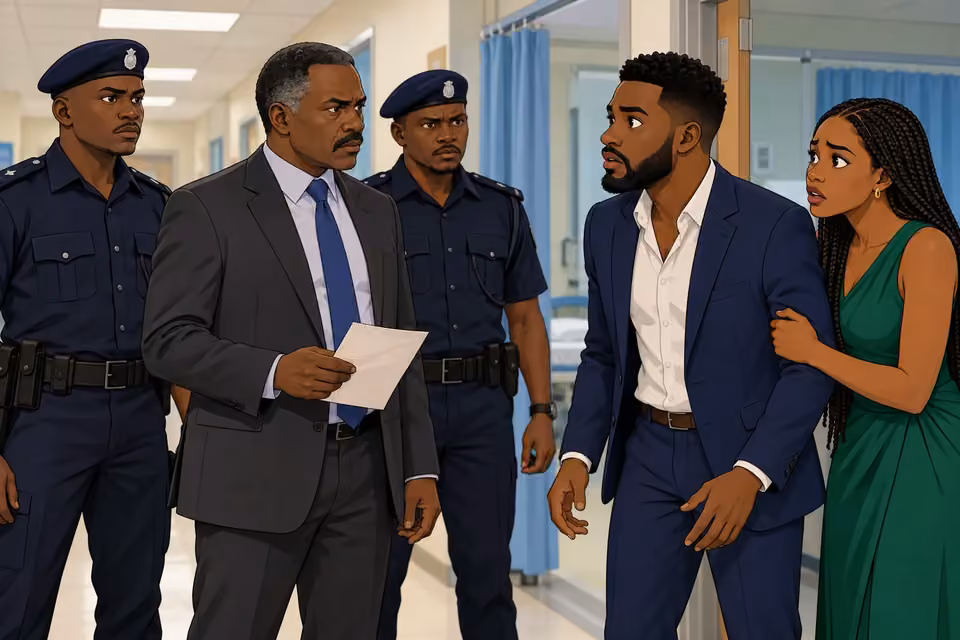Cartoon illustration: Detective Hassan and two officers confront Wale and Folake at the hospital doorway.