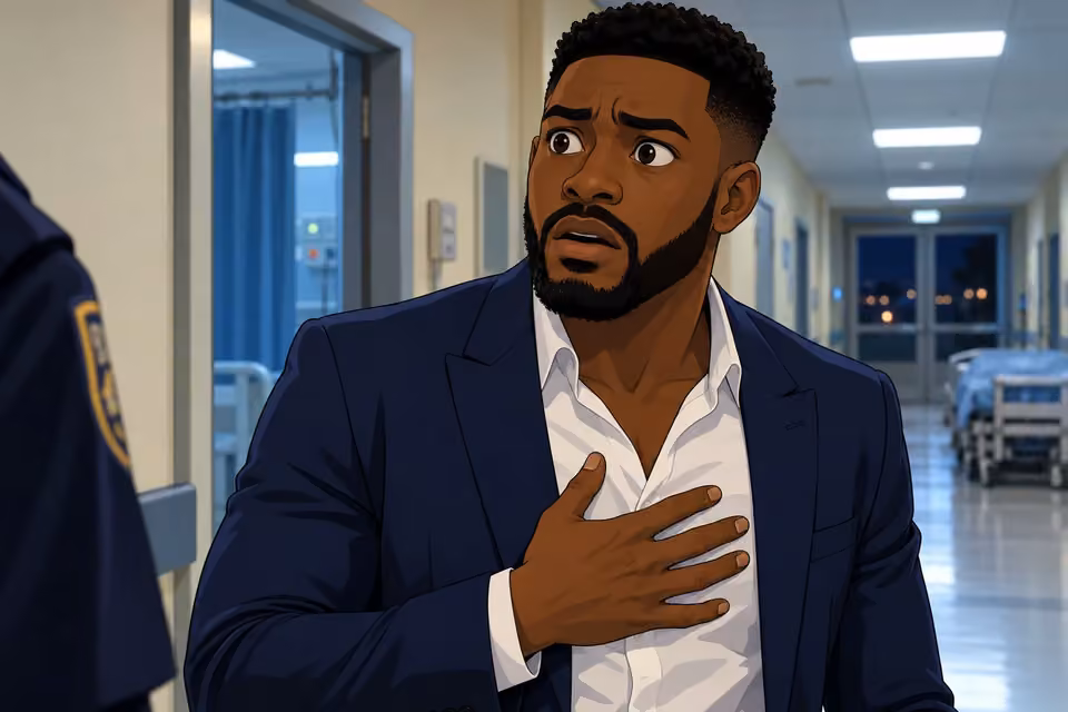 Cartoon illustration: Wale freezes in the hospital corridor, overwhelmed by the arrest announcement.