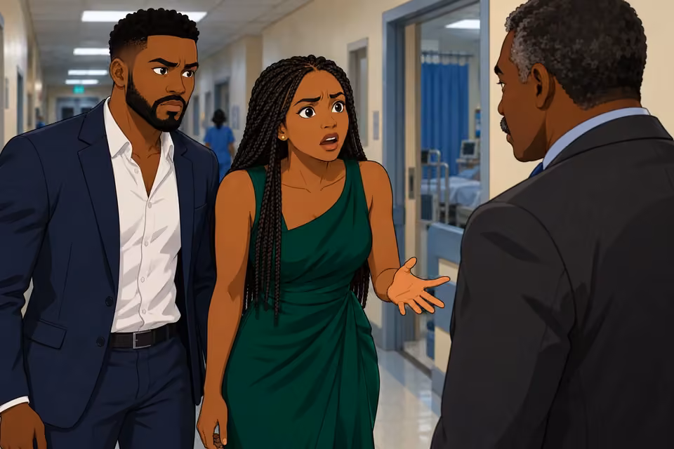 Cartoon illustration: Folake looks at Detective Hassan in disbelief while Wale stands beside her.