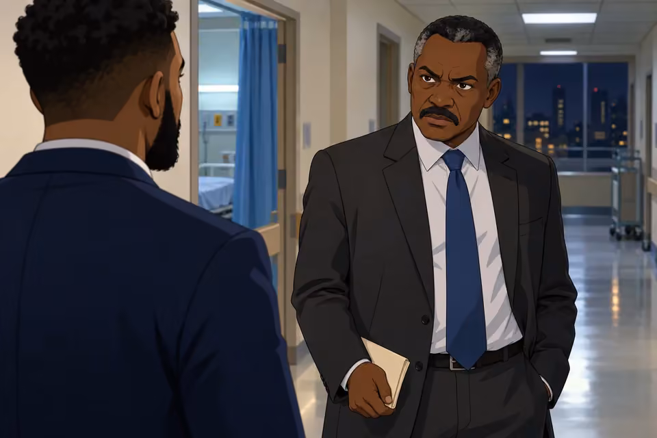 Cartoon illustration: Detective Hassan sternly tells Wale the charge in the hospital corridor.